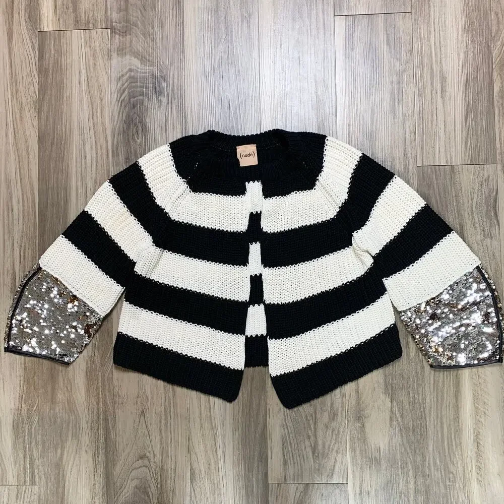 (Nude) Striped Long Glitter Sequin Sleeve Open Front Cardigan Sweater-38